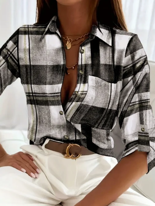 

Spring and Autumn Casual Checkered Printed Button Long Sleeve Women's Shirt Elegant Casual Daily Commuting Style Shirt Top