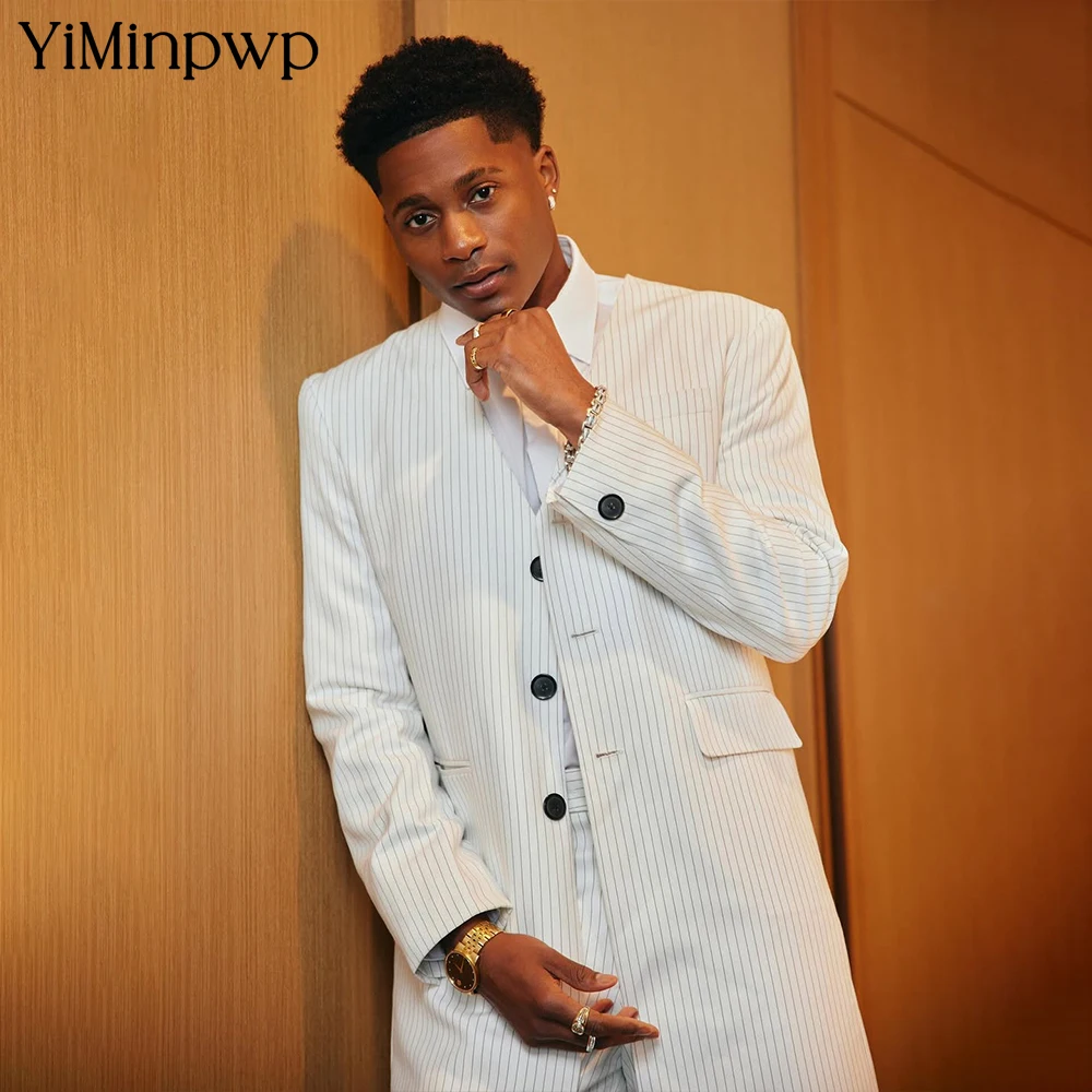 

YiMinpwp Pinstriped White Men's Suits for Men Single Breasted Satin Long Coats Smart Formal Party Business Male Clothing XS-5XL