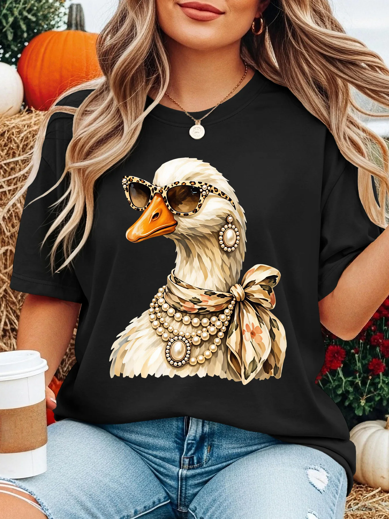 Women Crew Neck Tee Stylish Duck Leopard Sunglasses Graphic Print Short Sleeve Loose Ladies Summer Cotton Plus Size Casual Top