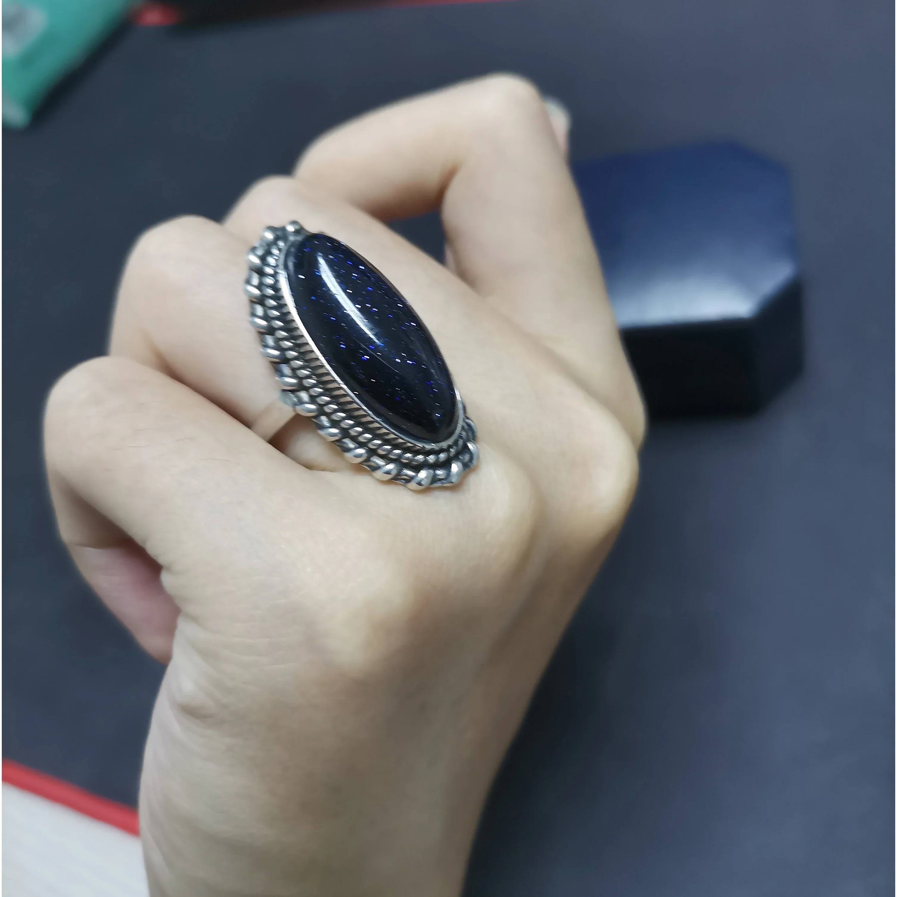 Retro Silver Ring Jewelry Vintage Blue Sandstone Large Stone Luxury Elegant Ring Fine Gift  Rings for Women Men