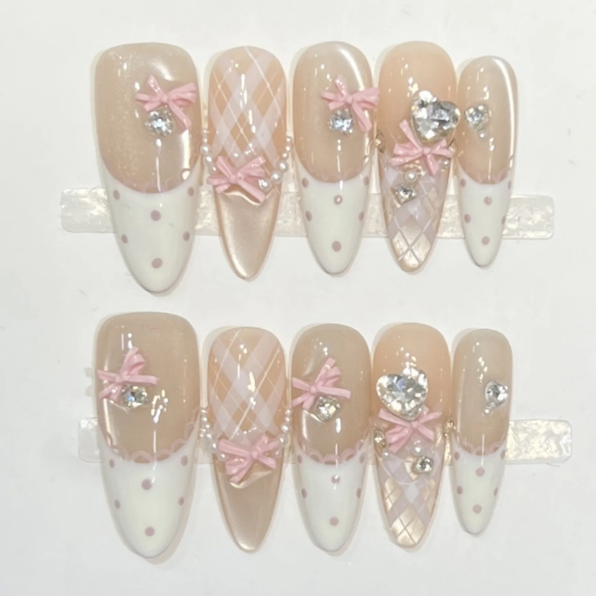 10 قطعة الانتهاء اليدوية وهمية مسمار الفن الحلو القوس الأظافر مجموعة اضغط على الوردي الفرنسية البيضاوي الأظافر كاذبة تلميح الاصطناعي البولكا نقطة مانيكير #5
