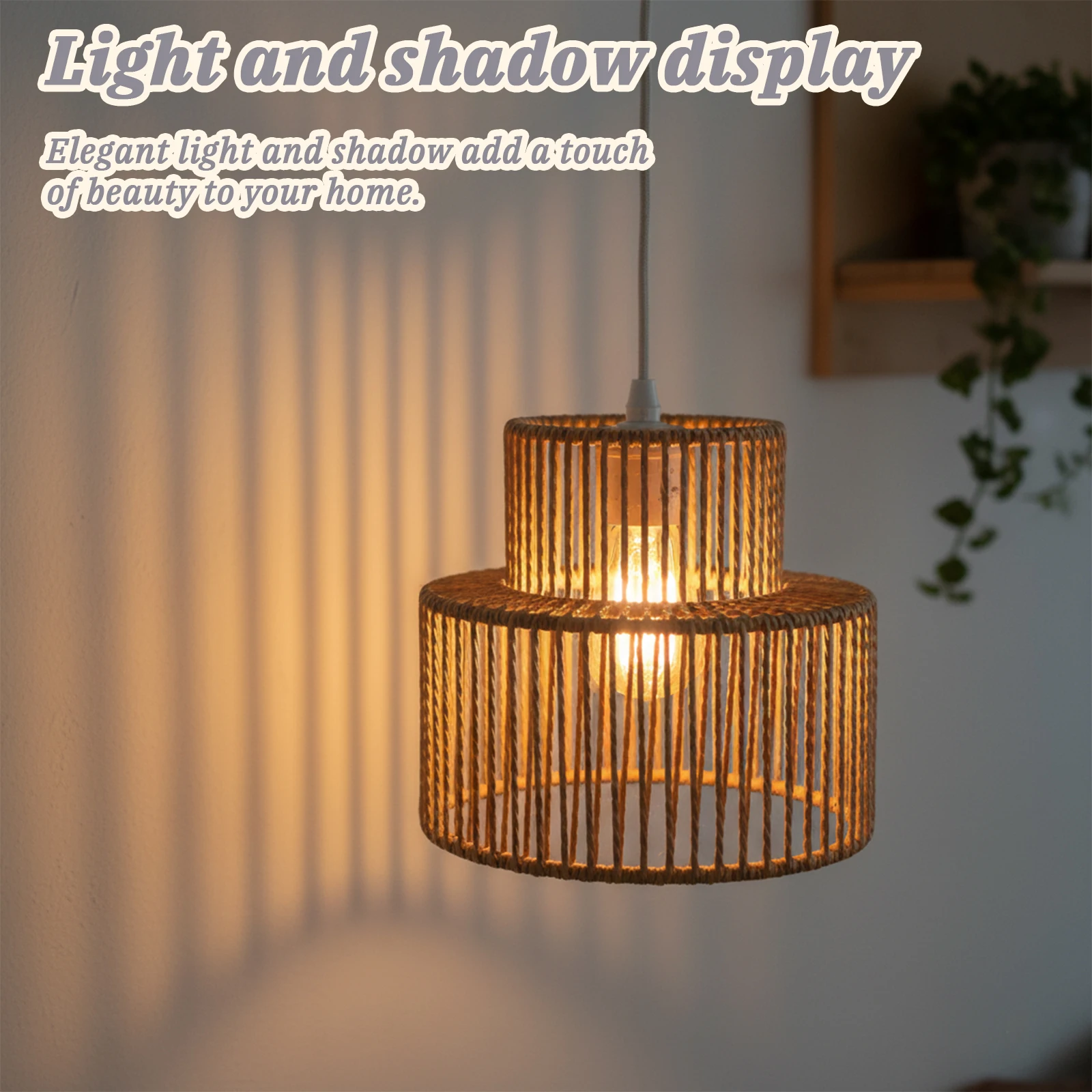 Woven Rattan Lamp Shade Replacement, Farmhouse Rustic Wicker Light Cover, Boho Style 2-Tier Pendant Lampshade for Hanging Lights