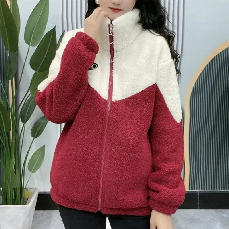 

Women Lamb Wool Polar Fleece Jackets, Short Overcoat, Thick Warm Parka, Female Outwear,Loose Splicing Jacket, Winter, New, 2023