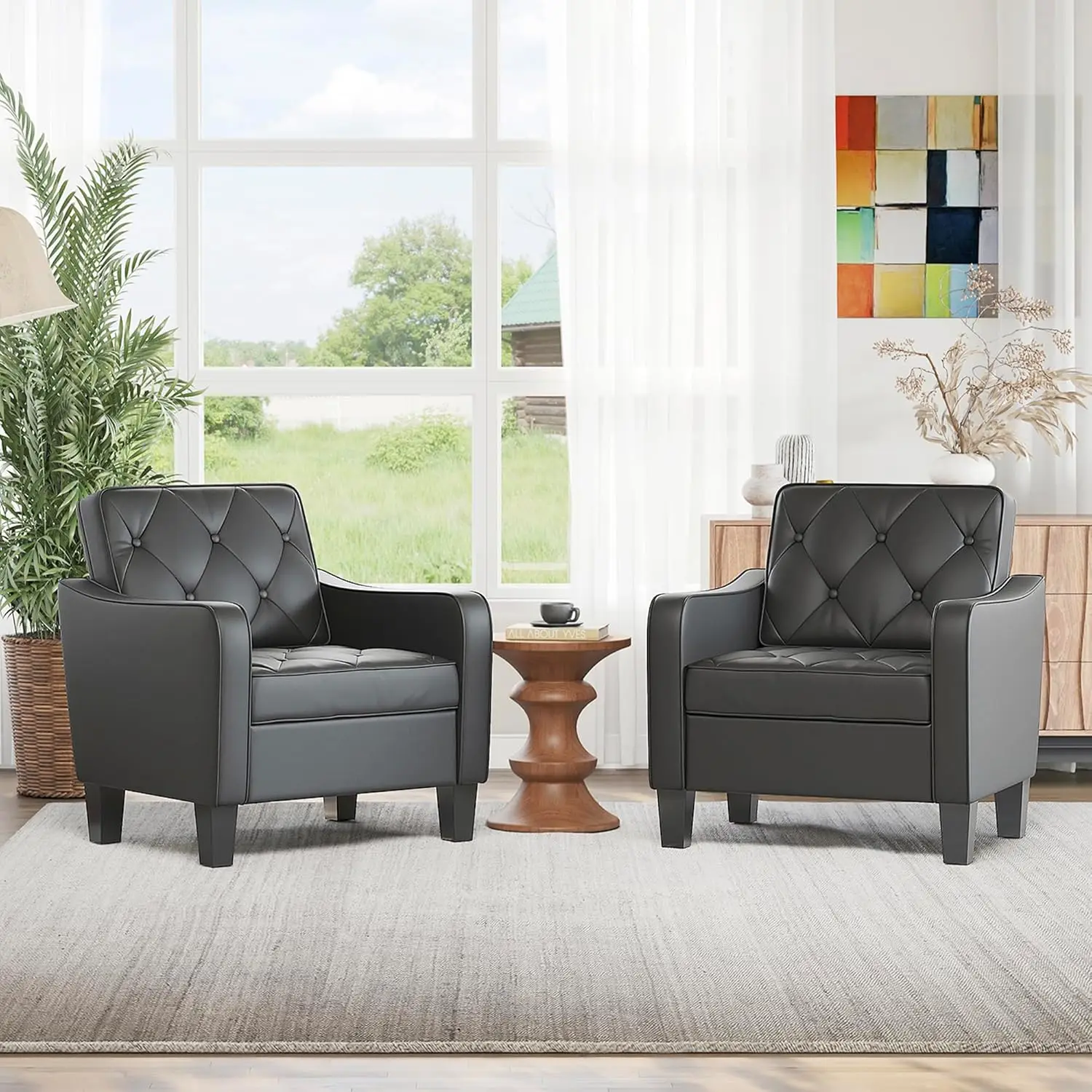 

Black Faux Leather Armchair Set of 2, Guest Reading Chair for Living Room Office Waiting Area, Customized