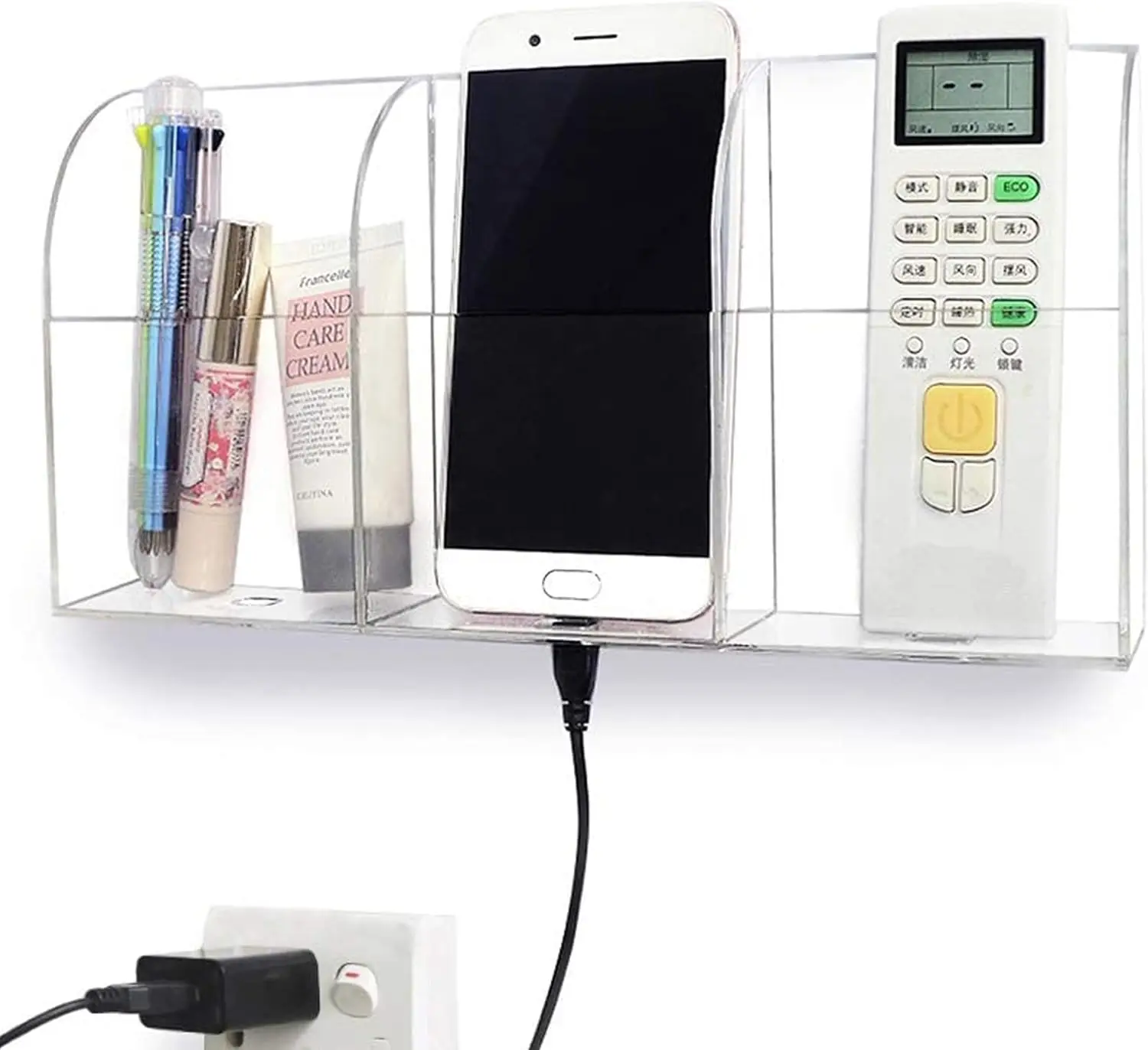 

Acrylic 3-Slot Wall Mounted Phone Charging Station, Clear Remote Holder, Media Organizer