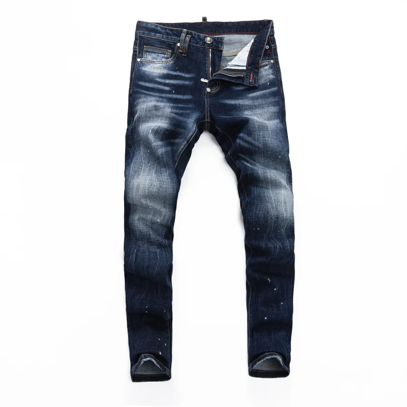 Designer Fashion New Men's Jeans Wrinkle Paint Dots Wrinkle Wash Nostalgic Stretch Slimming Blue Jeans High Street Hip Hop Brand