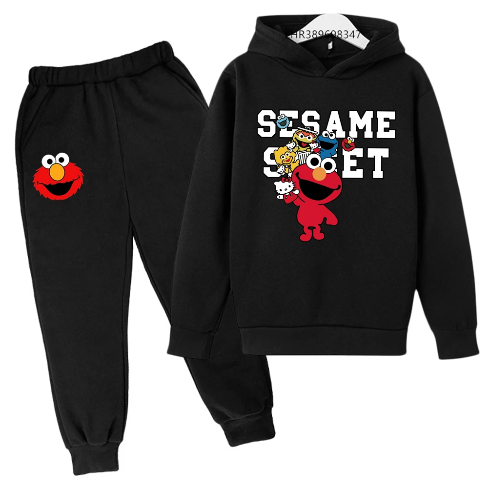 Cartoon Sesame Street Children Hoodie+Pants Clothing Suitable age 3-12 Boys Girls Autumn Winter coat set black Sweatshirt