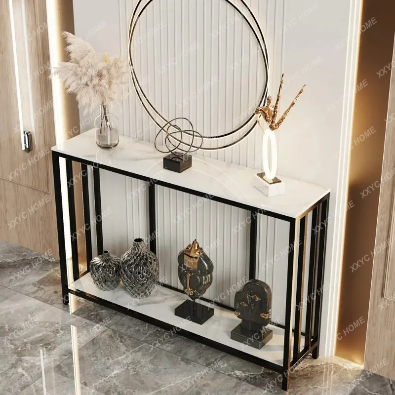 XXLong-Style 47.2 Inch Console Entryway Table with Metal Black Frame 2 Tiers Sofa Storage Display Table for Hallway Living