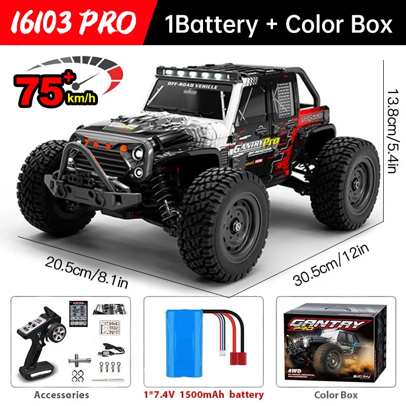 WLtoys 16101 Pro 1:16 75 km/u 4WD RC auto met LED-licht 2.4G afstandsbediening auto's hoge snelheid Drift Monster Truck voor kinderen cadeau