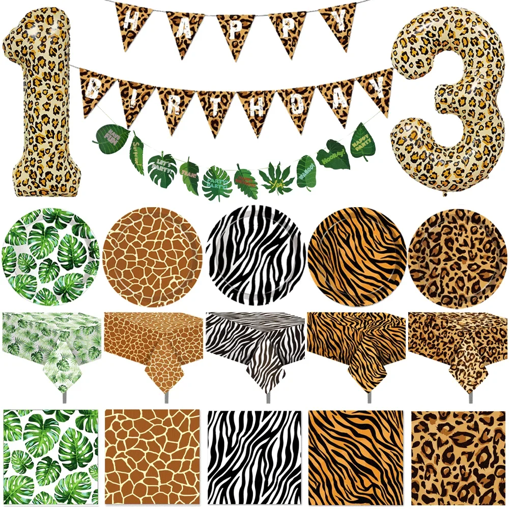 Jungle Safari Birthday 32Inch 1-9 Numbers Leopard Foil Balloon Land Animal Tiger Zebra Giraffe Disposable Tableware Party Decors