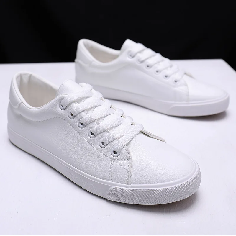 Men\'s Pure White Leather Sneaker Sports Leisure Board Shoes Lace-up Men Shoes Lightweight Comfortable Breathable Walking Sneaker