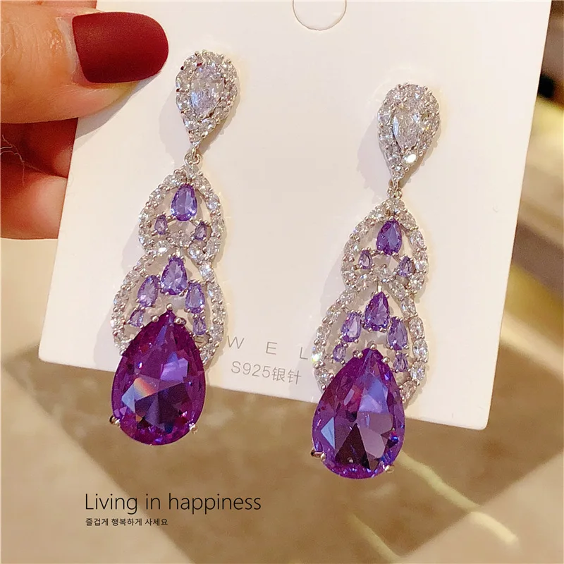 Purple Earrings for Women Luxury Wedding Jewelry Water Drop Earrings Cubic Zirconia Shiny Trendy Jewery Gift Wife Friend