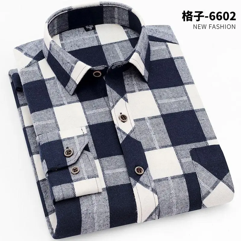 100% Cotton Flannel Men\'s Plaid Shirt Slim Fit Spring Autumn Male Brand Casual Long Sleeved Shirts Soft Comfortable 4XL