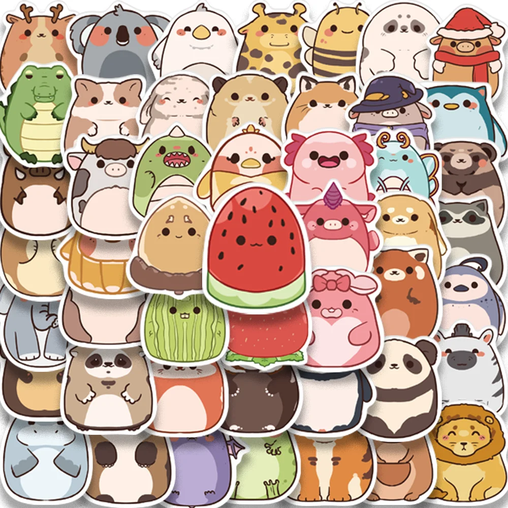 50pcs Cartoon Cute Egg-Shaped Animal Fruit Stickers for Laptop Envelope Guitar Stationery Kawaii Waterproof