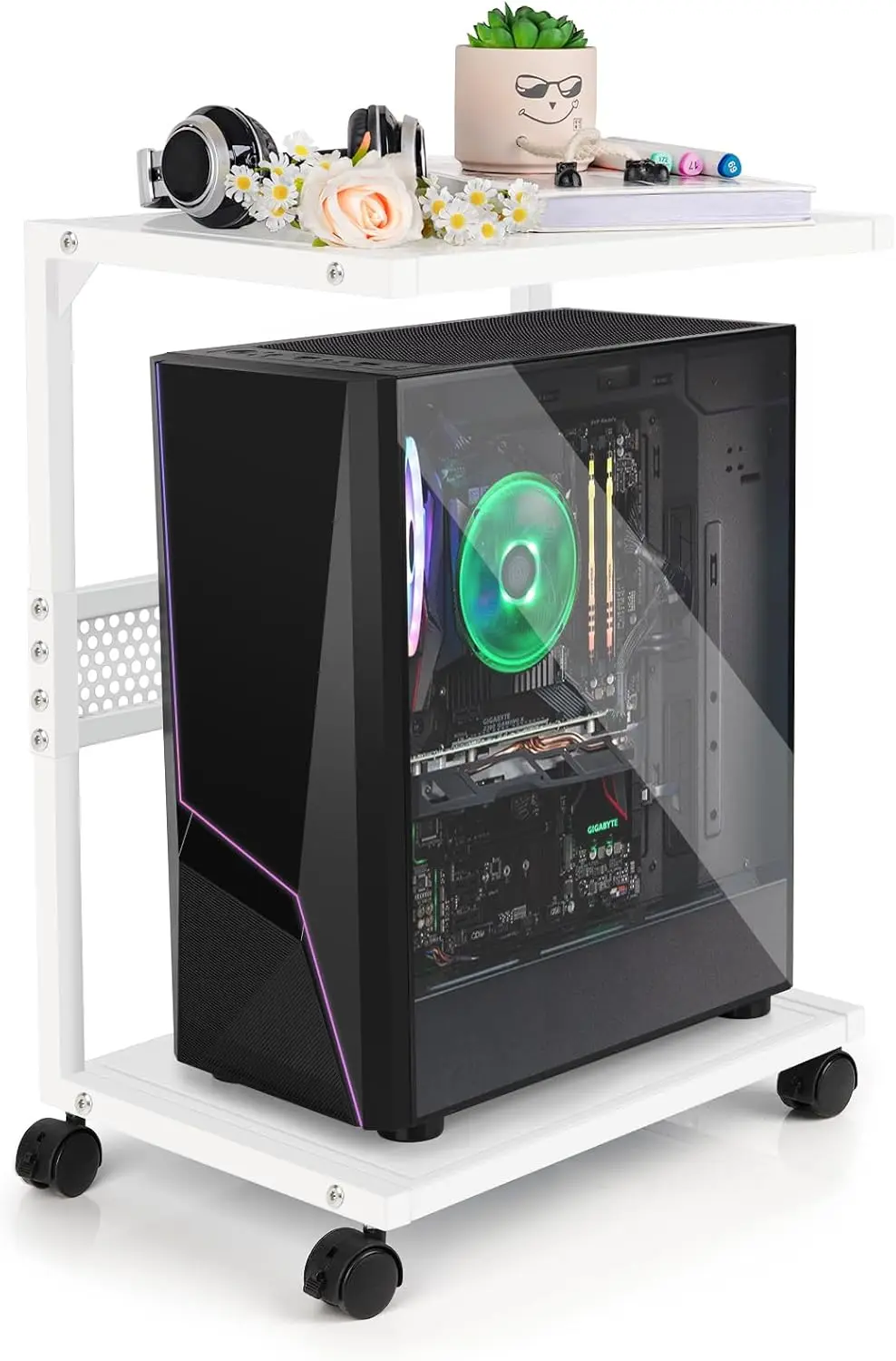 

Двухуровневая металлическая подставка для ПК с фиксирующимися колесами, подходит для большинства компьютеров, белая