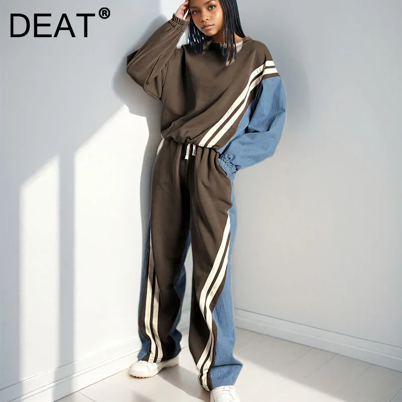 DEAT 2024 Autumn New Fashion Women 2 Pcs Set O-neck Pullovers High Waist Drawstring Contrast Color Striped Pant Suit  7AB6004