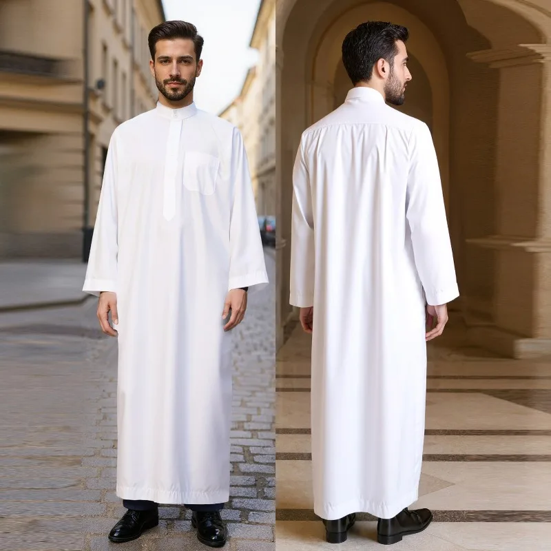 KIDWHXR Man Robe Simple Stand Collar Long Sleeve Male Islamic Clothing Loose Straight Comfortable Muslim Men Daily Jubba Thobe