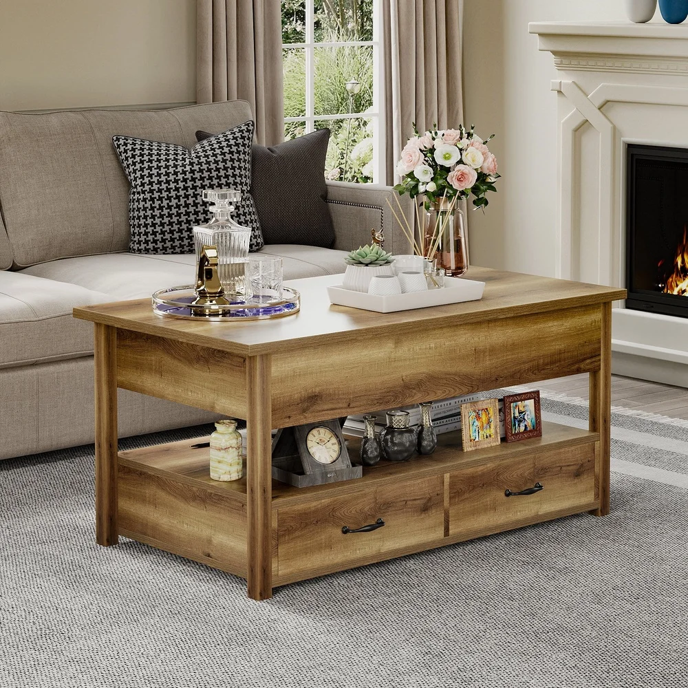 Lift Top Coffee Table with Storage Drawers Rustic Design Living Room Office Easy Assembly Durable Water-Resistant Wood Composite