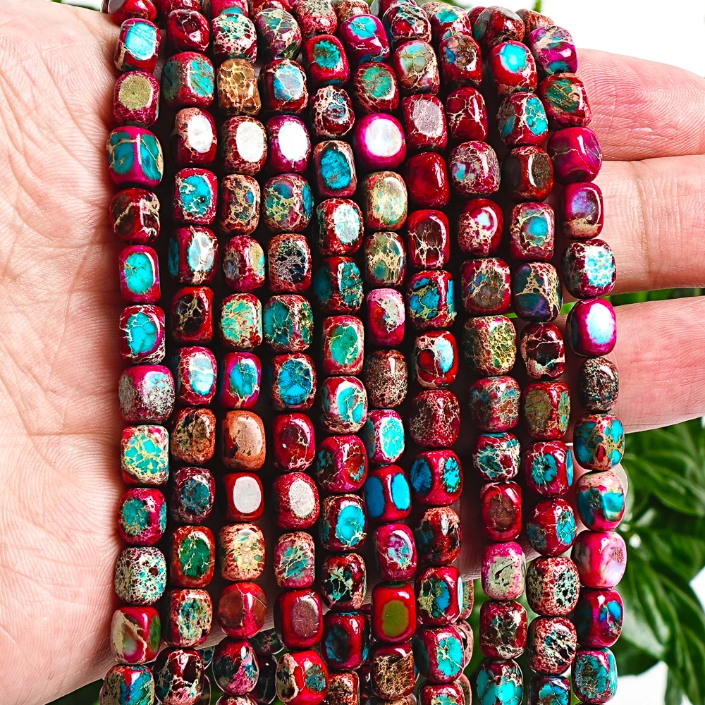 Red Blue Imperial Jasper Cube Beads 7x5mm Genuine Sea Sediment Stone Loose Spacer Beads for Crafting Boho Jewelry Designs