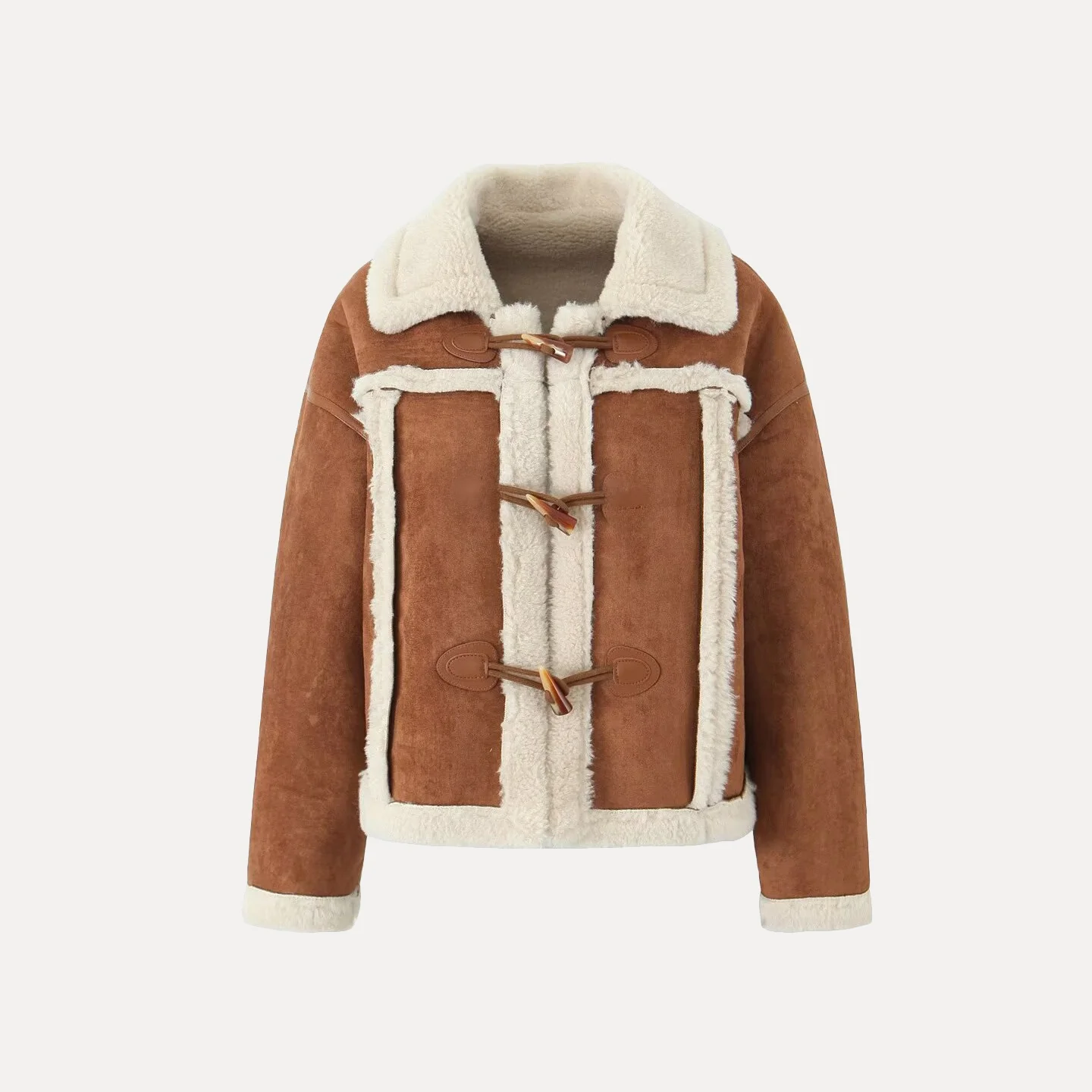 Ele Retro Zamszowa Kurtka z Kożucha Jagnięcego z Guzikami z Rogu Jesień 2025 Nowa Damska Codzienna Kurtka Długi Płaszcz z Wykładanym Kołnierzem