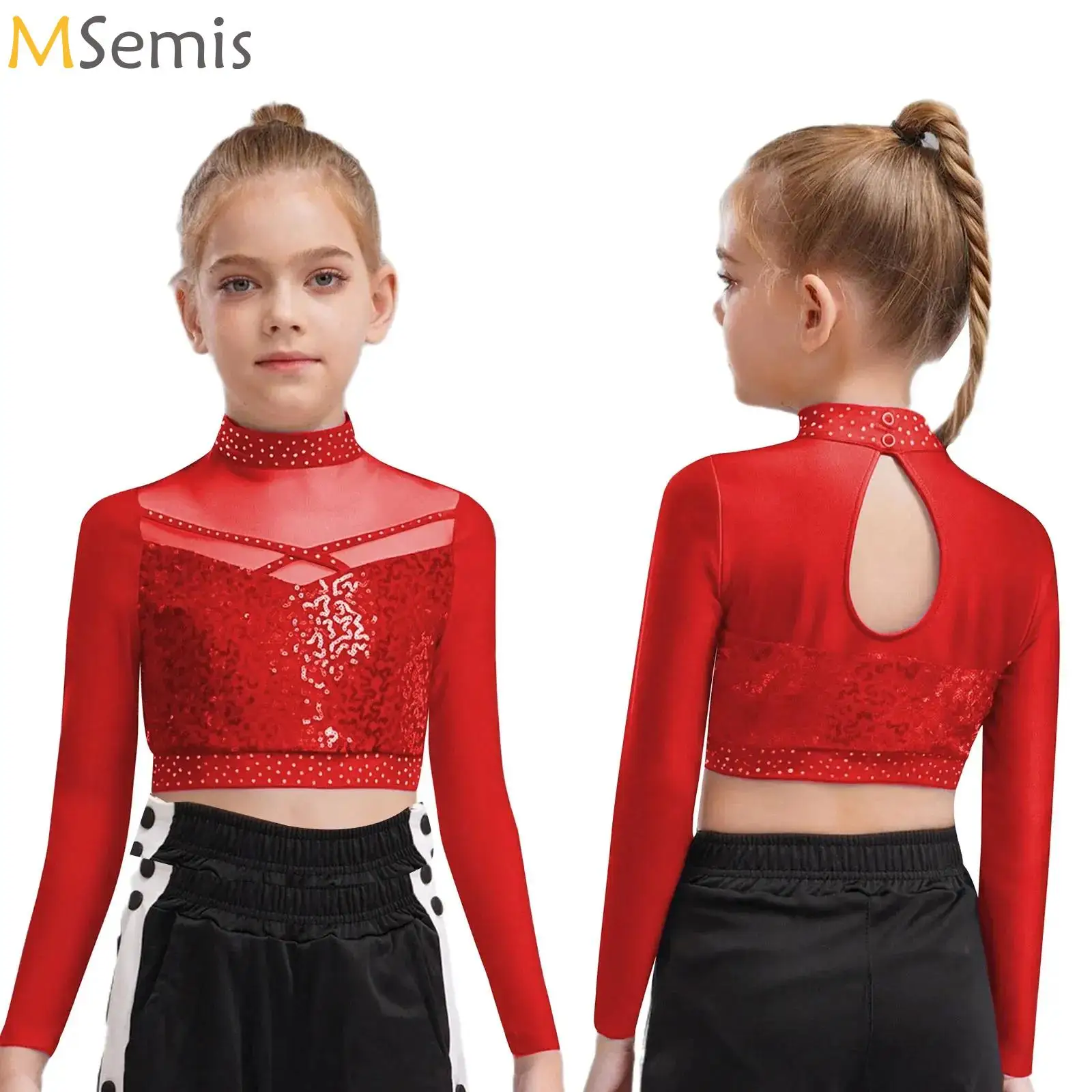 

Kids Girls Ballet Dance Crop Top Jazz Latin Ballroom Dance Stage Performance Costume Long Sleeve Sheer Mesh Sequins Dancewear