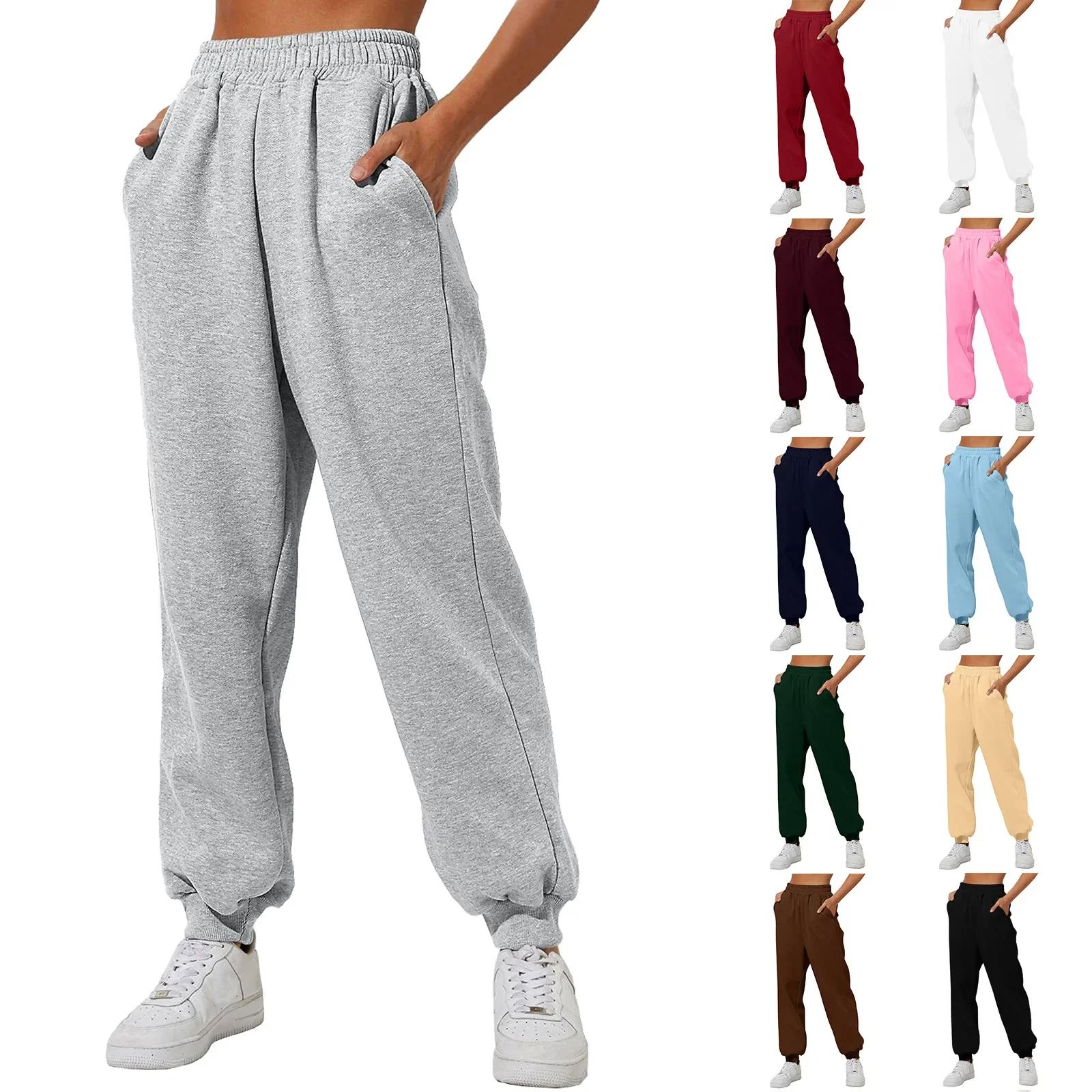 

Autumn Winter Women Sweatpants Solid Color Pockets Elastic Waist Ankle Tied Thickened Pants for Jogging High Waisted Trousers