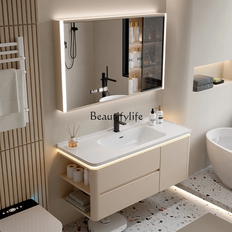 

Cream wind ceramic integrated basin rounded corner bathroom cabinet combined toilet washstand