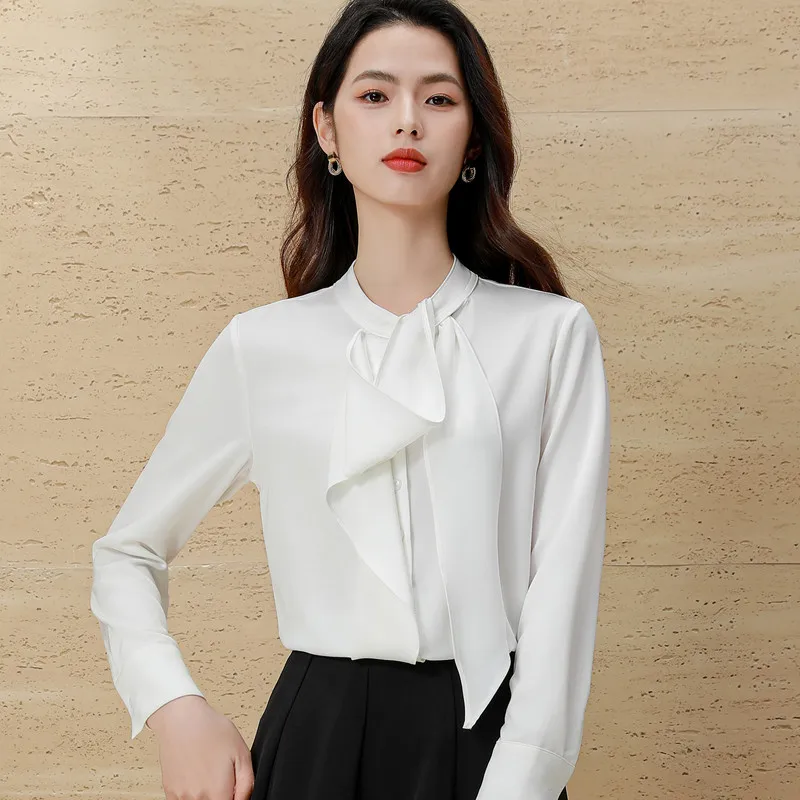 NAVIU Chic Fashion Bibbon Design Long Sleeve Blouses Women Elegant Office Lady Chiffon Shirts Basic Tops Blusas Mujer De Moda