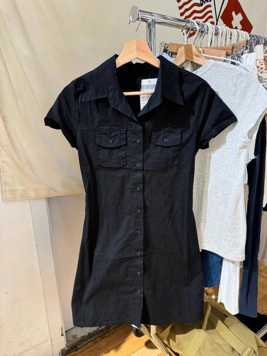 

Pockets Solid Mini Blouse Dress Woman Turn Down Collar Single Breasted Short Sleeve Vestidos New Casual Retro Cotton Dresses Y2k