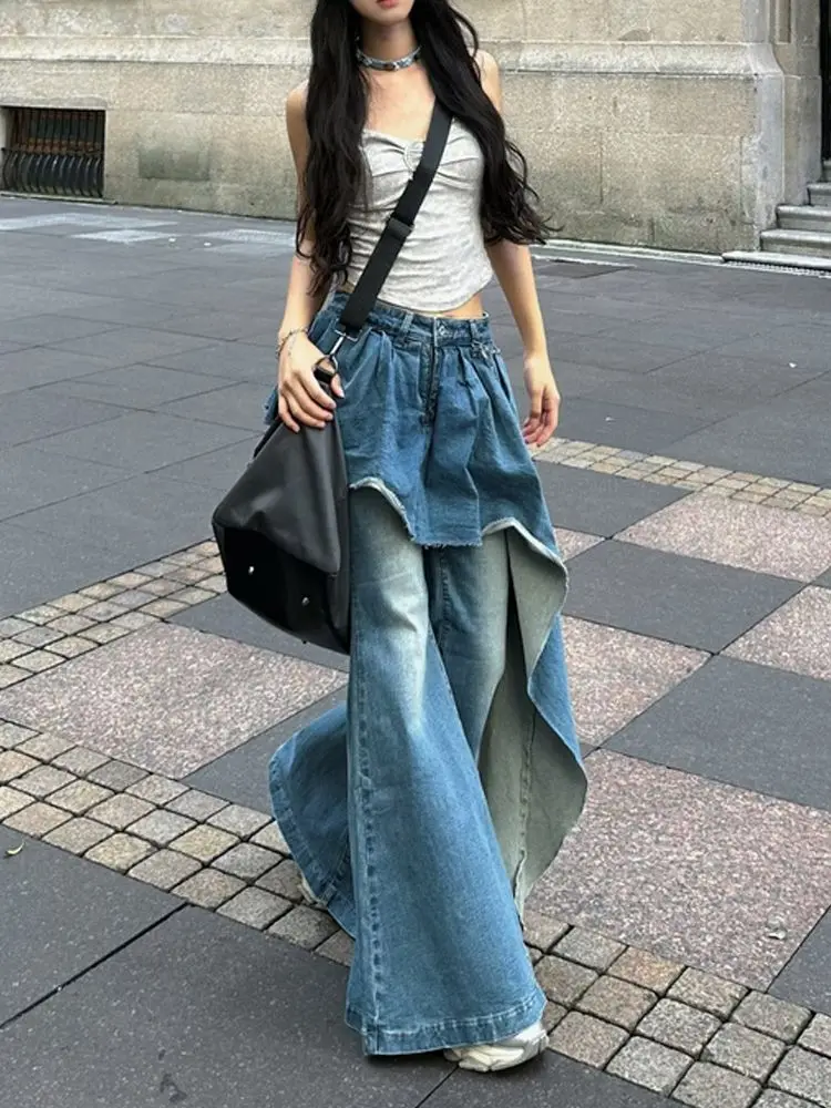 Hot Girl Design Is Irregular and Fashionable Spliced Jeans for Women 2024 Autumn and Winter New Fake Two-piece Flared Pants