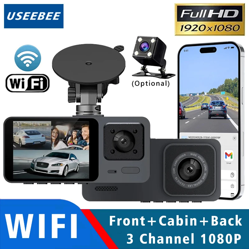 واي فاي 3 كاميرا جهاز تسجيل فيديو رقمي للسيارات 3 قناة داش كام FHD 1080P داش كاميرا الداخلية داشكام مسجل فيديو صندوق أسود 24H مراقبة مواقف السيارات