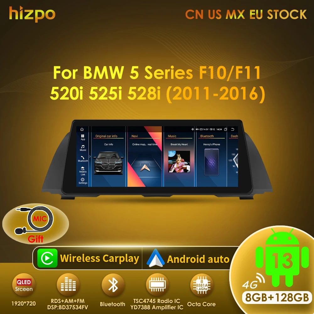 Hizpo 10,33 "Spantalla de visualización Multimedia inalámbrica Carplay Auto Android 13 para BMW 5 Series F10 F11 F12 CIC NBT GPS WIFI 4G BT