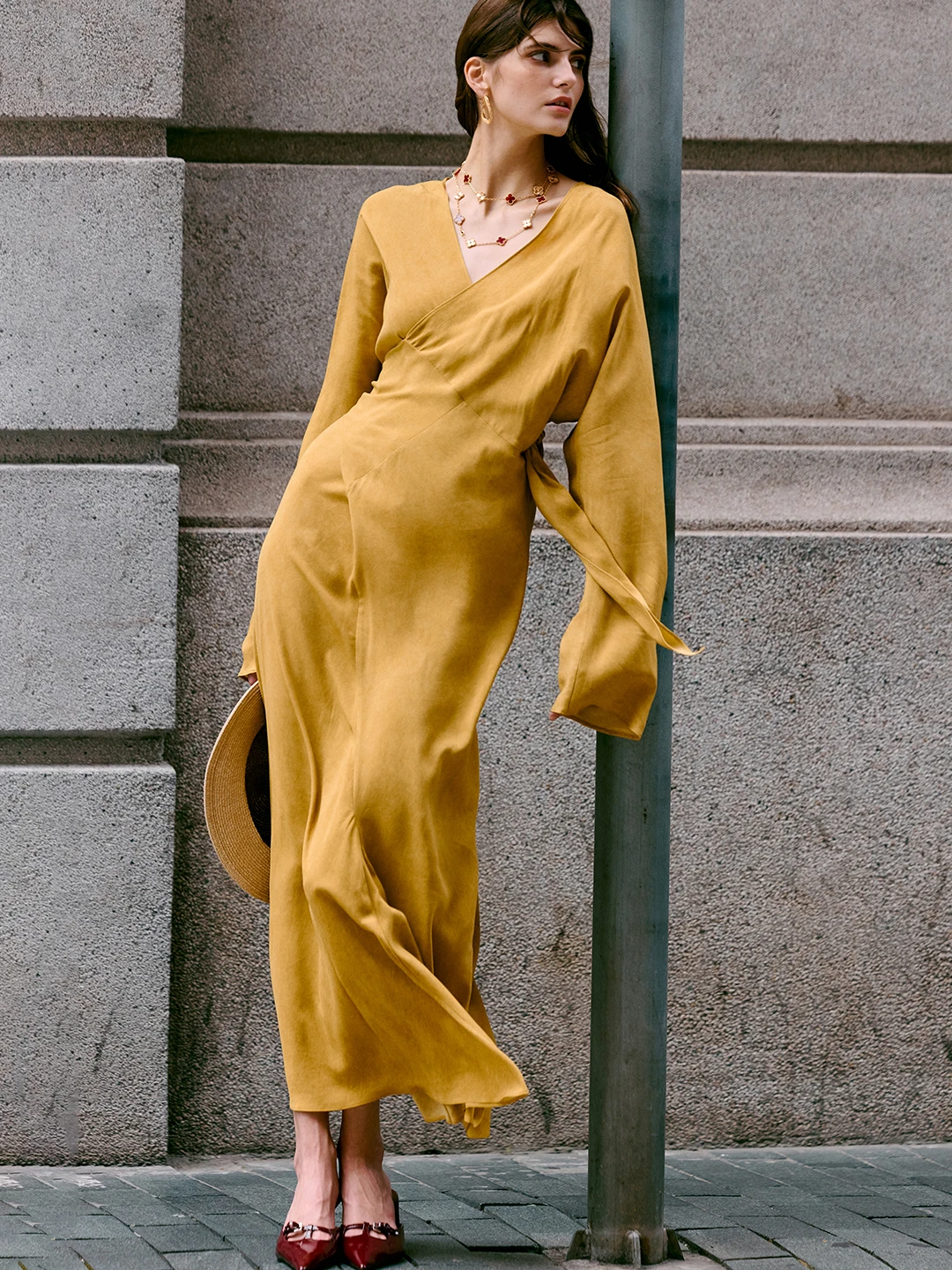Autumn Design V-neck Long Sleeve Women's Dress Leaf Caramel Belted Waist Tie Design Comfortable Breathable Korean Style