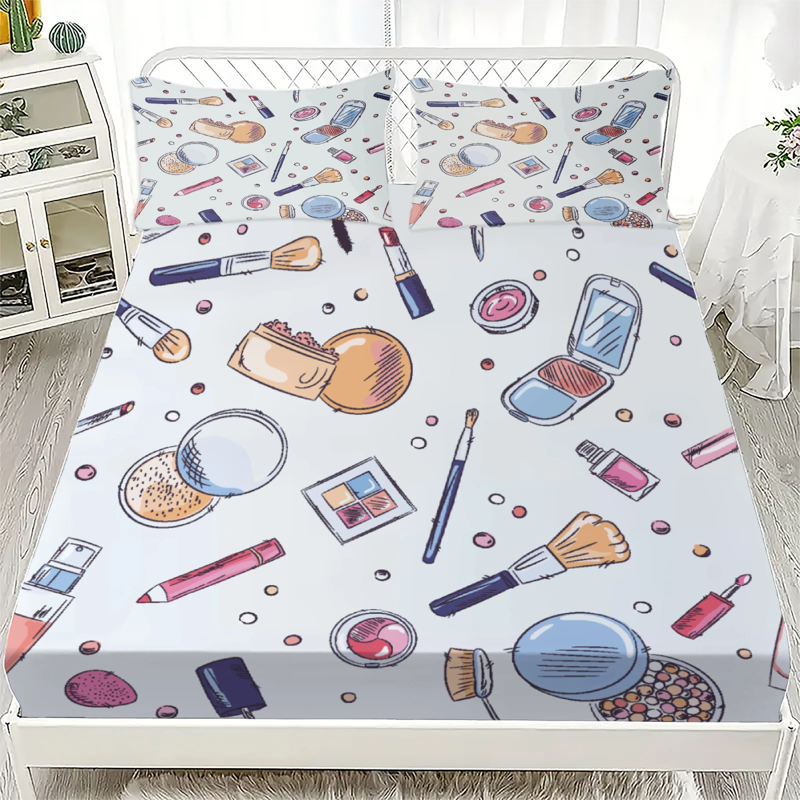 3pcs Soft  White Fitted Sheet Sets Makeup Tools And Cosmetics Pattern For Girls Bedroom Decor Washable 100%Polyester Flat Sheet