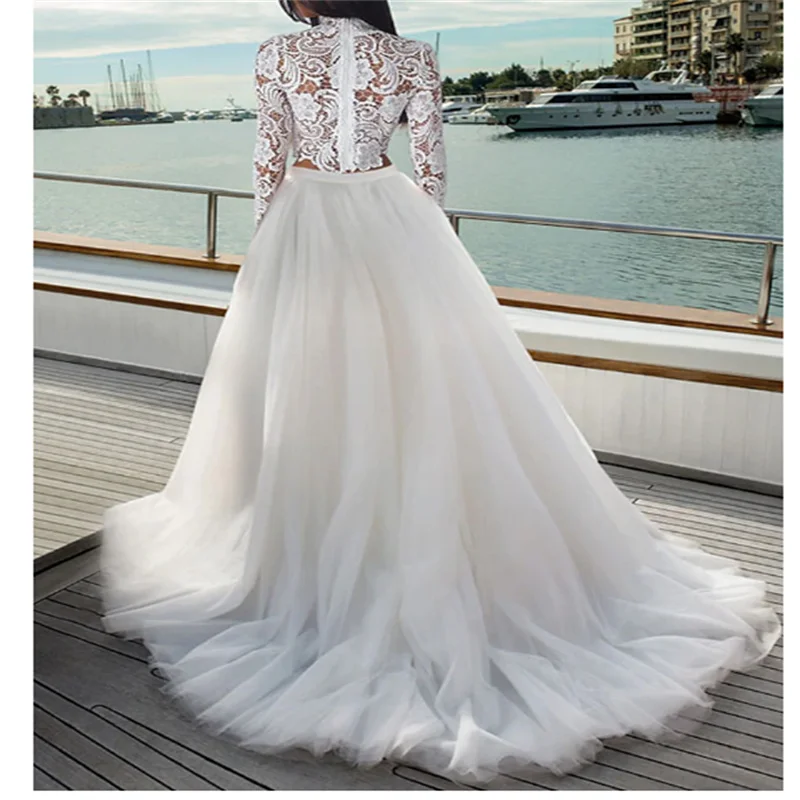 Boho-Hochzeitskleider, Strandhochzeit, getrennt, Stehkragen, lange Ärmel, getrennt Spitze, Brautoberteile, Brautkleider mit Applikationen