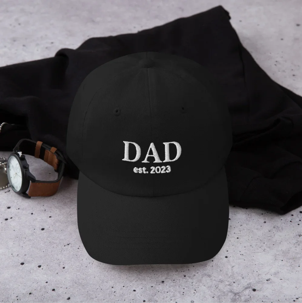 

Dad Est. 2023 Baseball Oxford Blue Baby Kids Adult Mens Cap | New Father Gift | Baby Shower Gift | Baby Announcement Pregnancy