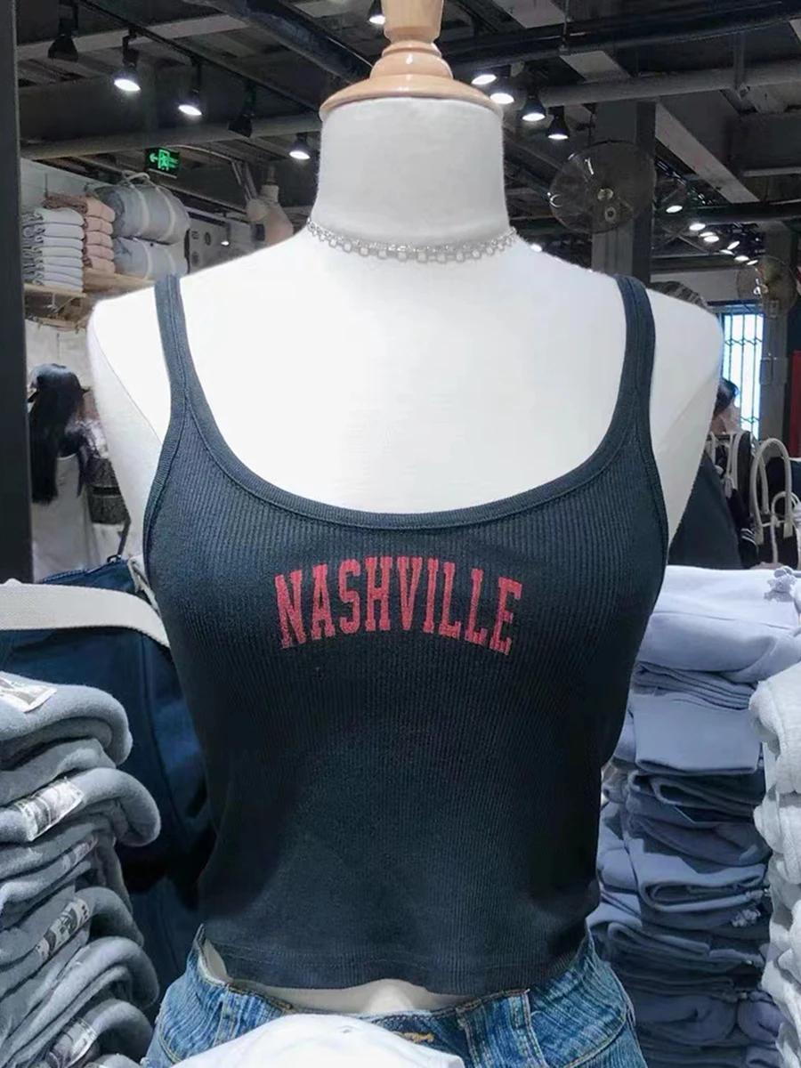 

Letter Print Slim Tank Tops 2024 Summer Casual Sleeveless Soft Cotton Ribbed Camisole Female Vintage Streetwear Y2k Crop Top