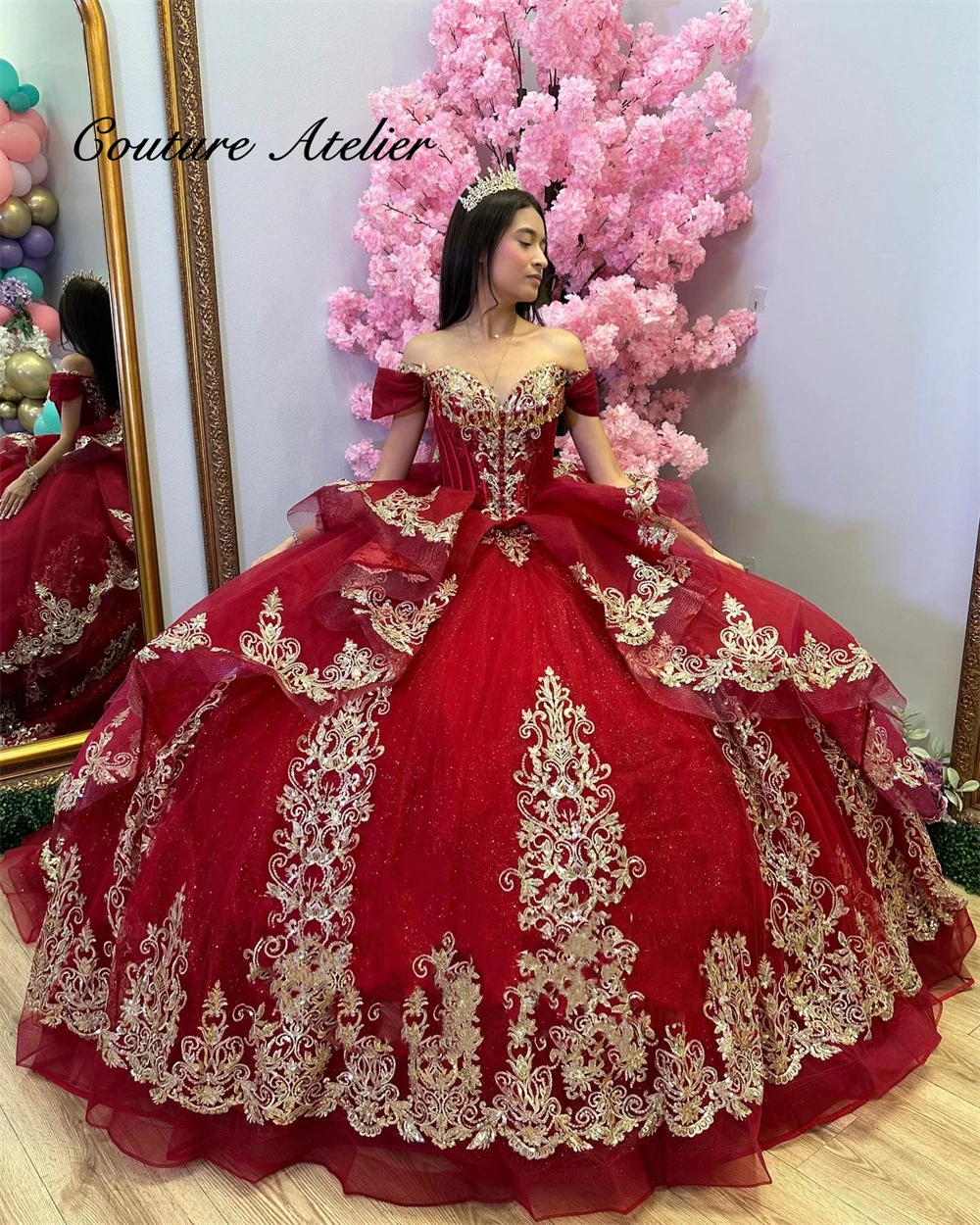 

Luxury Red Off The Shoulder Ruffels Gold Beaded Appliques Quinceanera Dresses For Girl Ball Gown Wedding Dress Sweet 15 16