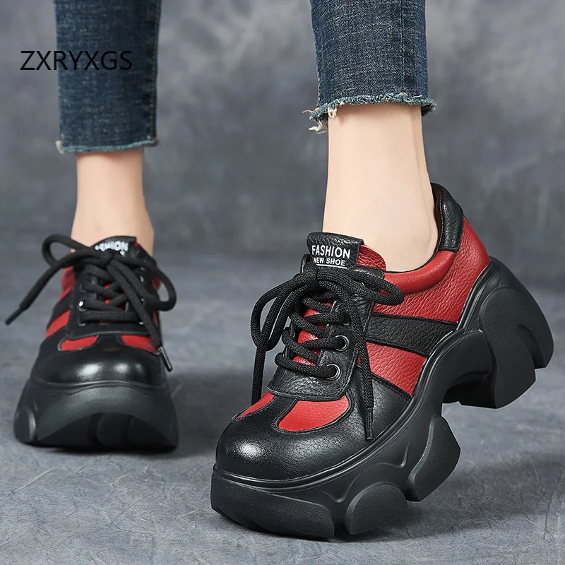 

Женские туфли ZXRYXGS из натуральной кожи с разноцветной толстой подошвой, на высоком каблуке, на шнуровке, новинка 2026 года, модные туфли