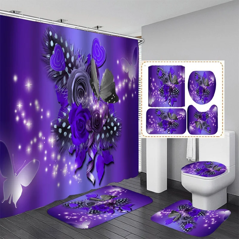 Home Purple Flower Butterfly Waterproof Print Shower Curtain 4 Piece Carpet Cover Toilet Bath Mat Pad Set Bathroom