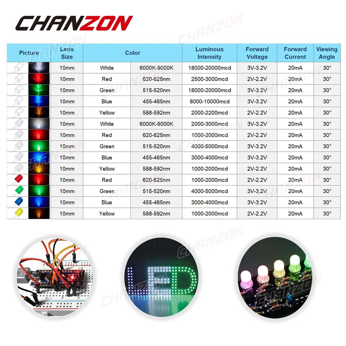 50 pz 10mm Diodo Emettitore LED Micro Indicatore Bianco Rosso Verde Blu Giallo 3 V FAI DA TE Circuito PCB Trasparente Diffusa Arduino Lampadina