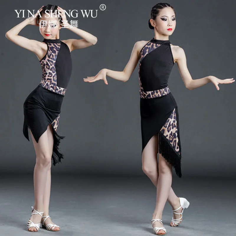 Children's Professional Latin Dance Practice Outfit, Tassel Leopard Print Jumpsuit, Girls' Dance Level Exam Costume
