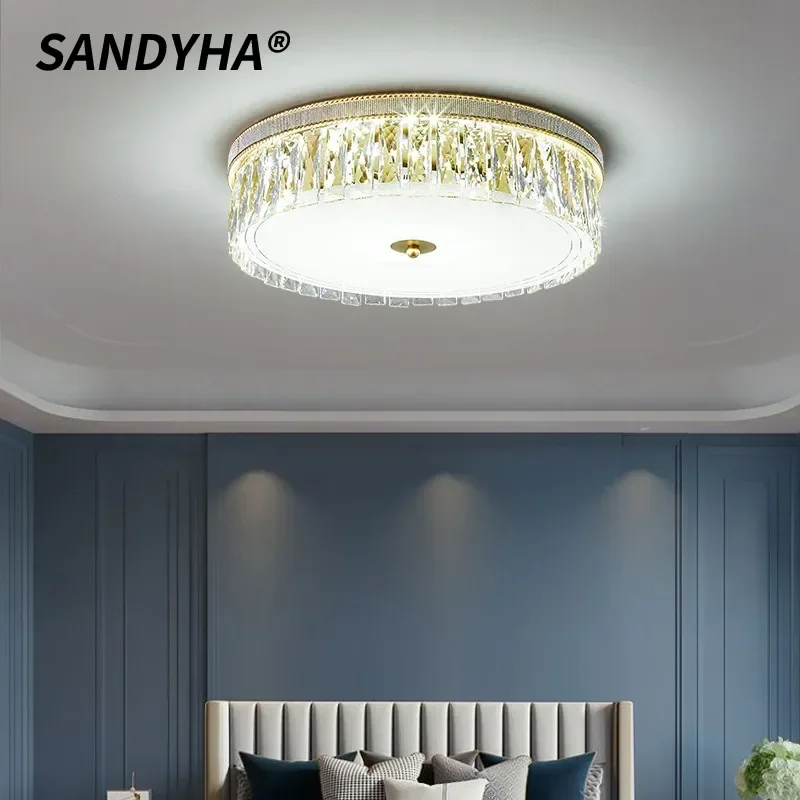 SANDYHA Modern Round LED Crystal Ceiling Lamp Elegant Home Decor Fixture for Bedroom Living Room Dining Table Study Accent