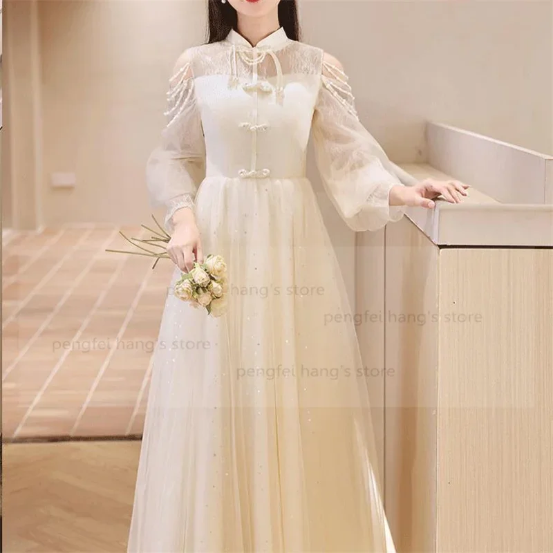 

Новое платье в китайском стиле, элегантное платье Ципао с сетчатыми рукавами, сказочное платье подружки невесты, Cheongsam, элегантное вечернее платье с кисточками Qipao