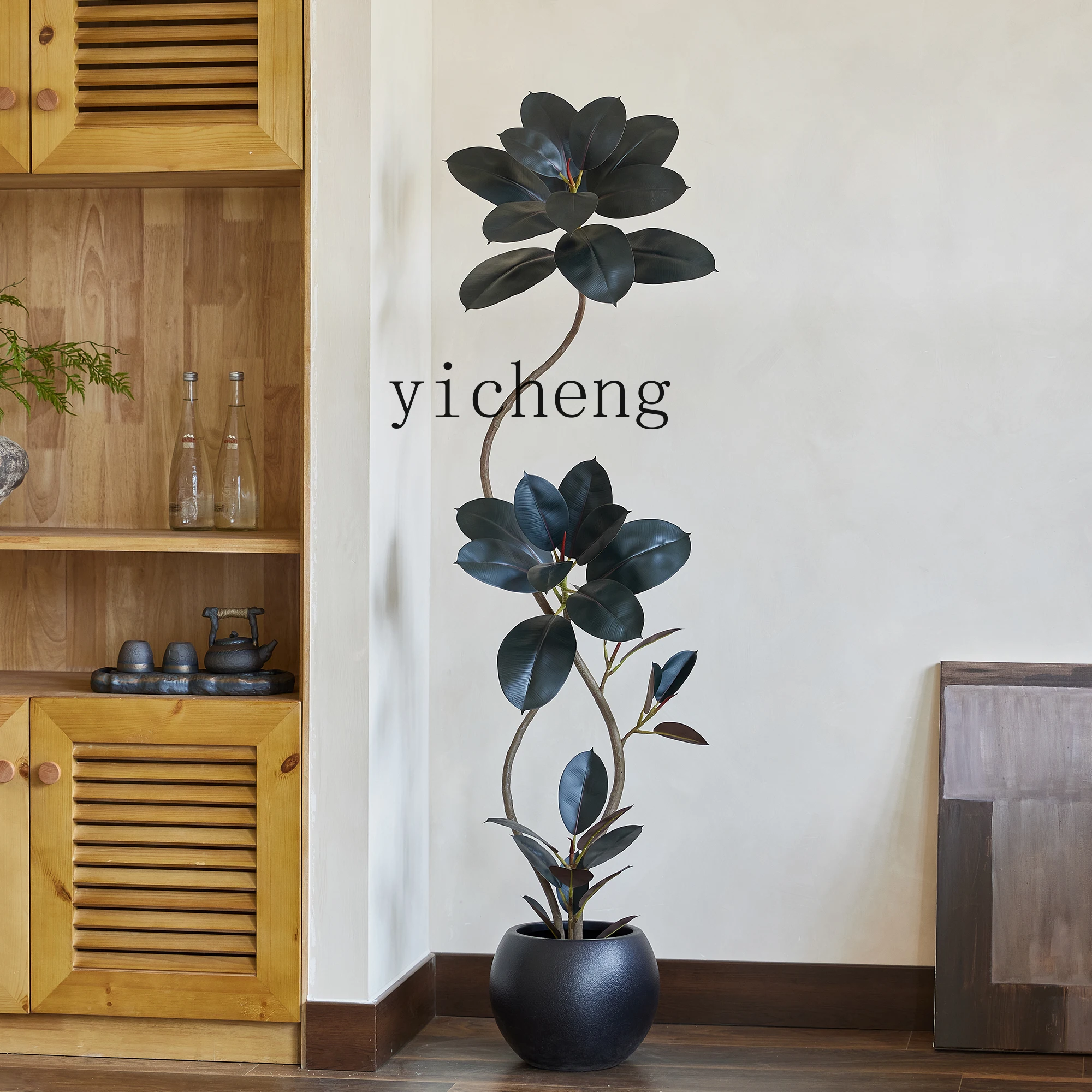 

ZYA Artificial Green Plant Black Diamond Rubber Tree Indoor Living Room High-End Floor Ornament Fake Tree