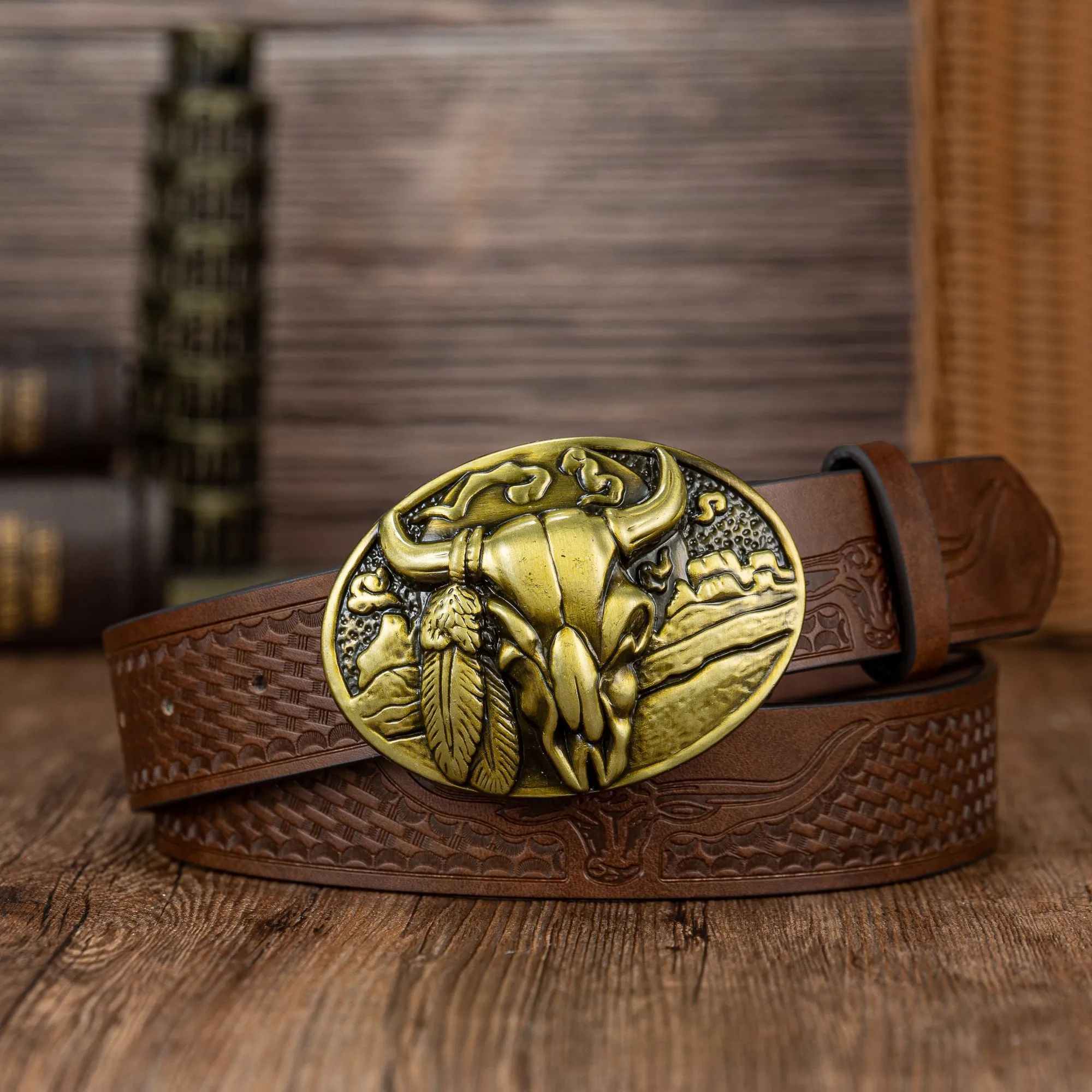 1 fibbia western con testa di bue in piuma tridimensionale, fibbia per cintura da uomo con personalità della moda