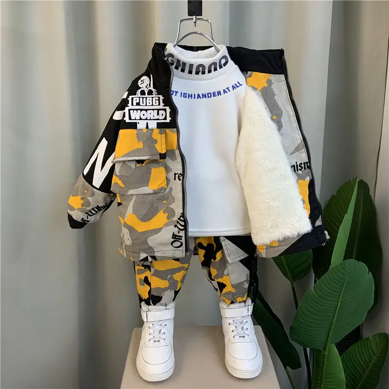 Children\'s Clothing Boys Velvet Set Cool Handsome Winter Clothing Boy Thick Camouflage Fleece Parka+ Cotton Pants 2pcs Outfits