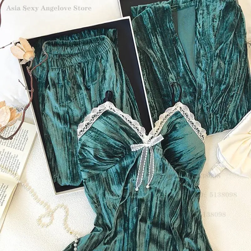 

Осень-зима бархатный халат из 3 предметов пижамный комплект домашняя одежда женская одежда для сна сексуальное кружевное белье пижамный костюм свободная велюровая домашняя одежда