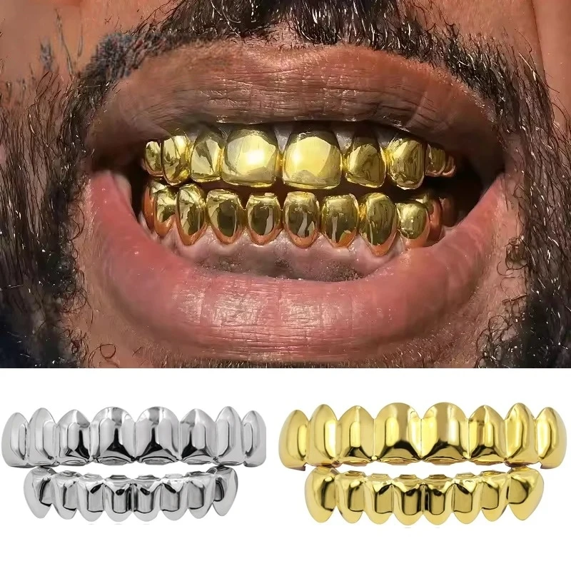 Gold Silver Plated HIP HOP Teeth Grillz Top & Bottom Grills Set With Silicone Real Shiny Vampire Tooth Sets