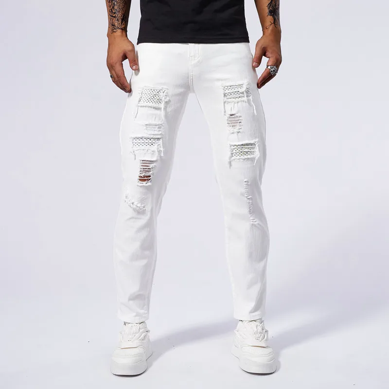 

Ripped Slim White Jeans 98% Cotton High Elasticity Men Clothing Fashion Small Feet Hip Hop Male Denim Trousers Streetwear